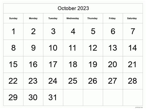 Printable October 2023 Calendar Big Dates