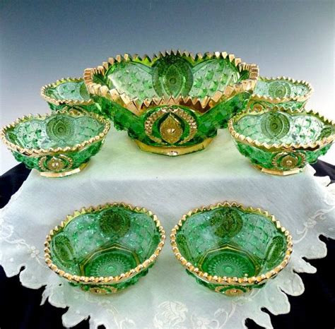 Antique Green Glass Berry Bowl Set Gold Memphis By Northwood C1907 From Victorias Curio