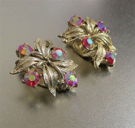 Rhinestone Flower Earrings Vintage Shimmery Ab Rhinestones And Gold Tone Metal Retro Vintage