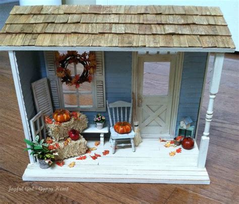 Dollhouse Miniature Country Shabby Fall Front Porch Roombox Diorama