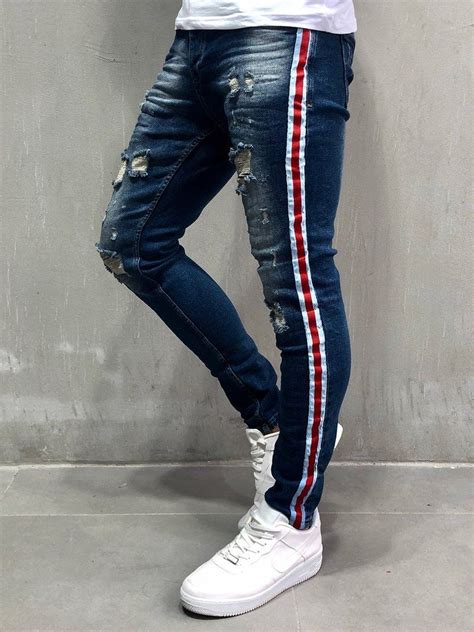 Men Skinny Fit Side Striped Ripped Jeans Blue 4063 Mens Pants