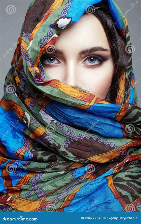 Beautiful Young Woman In Color Veil Beauty Girl In Colorful Hijab