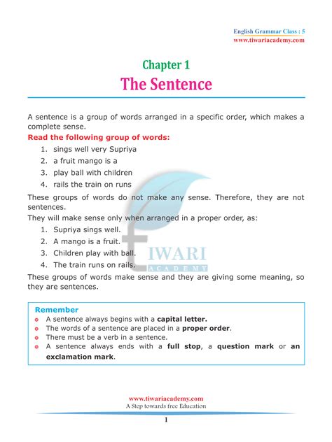Class 5 English Grammar Chapter 1 The Sentence For 2022 2023 Free