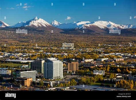 Aerial View Of Midtown Anchorage And Financial Buildings With Chugach