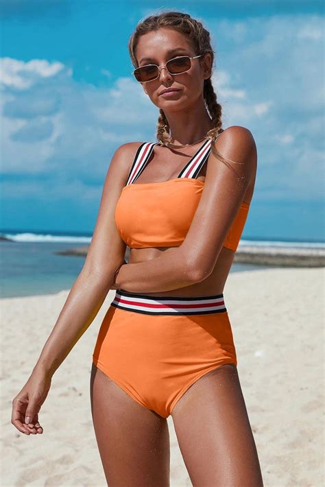 Orange High Waisted Bikini With Striped Trim Tank Bikini Set Bikinis