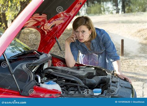 Desperate Confused Woman Stranded With Broken Car Engine Crash Accident