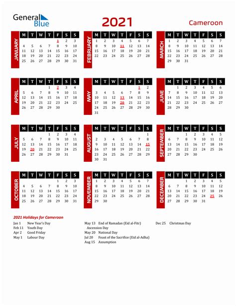 Cameroon 2021 Yearly Calendar Downloadable