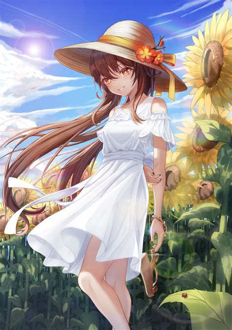 Anime Girls Genshin Impact White Dress Sunflowers Sun Dress Dress Hat
