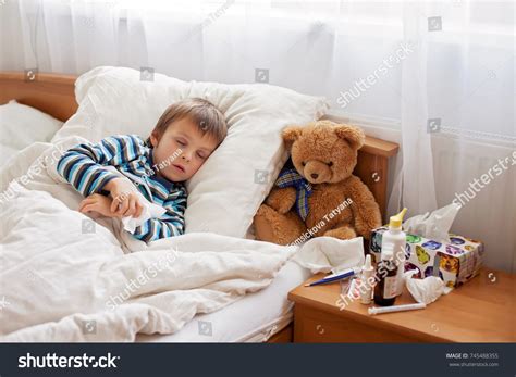Sick Child Boy Lying Bed Fever Stock Photo 745488355 Shutterstock