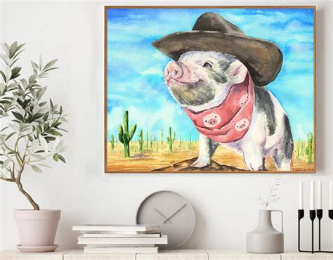 Pig Painting Watercolor Pig Print Cowboy Pig Watercolor Pig Etsy