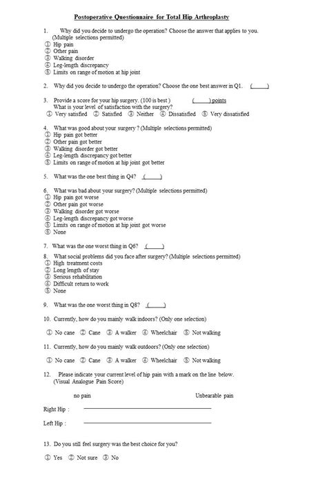 Sample Postoperative Questionnaire For Tha Patients We Sent Postal