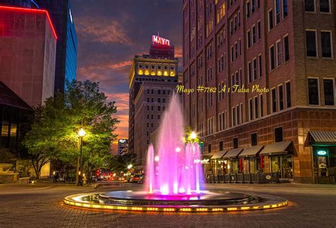 Tulsa Downtown Picture With Fountain At Sunset Tulsaskyline Tulsa