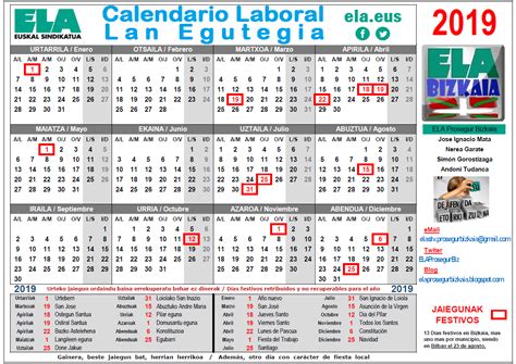 Este calendario anual del 2021 es muy práctico. ELA Prosegur Bizkaia: Calendario laboral Bizkaia 2019