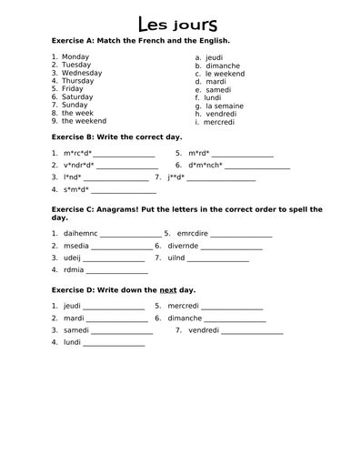 French Days Of The Week Worksheet Teaching Resources