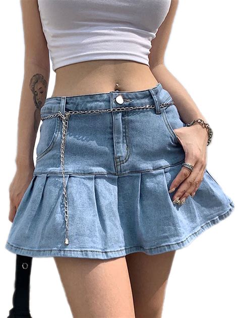 Women Solid Color High Waist Pleated Denim Skirt With Pocket
