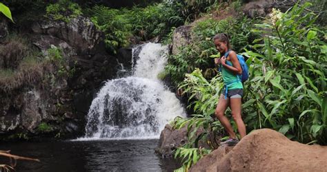 Hawaii Travel Nature Waterfall At Canyon Trail Waipoo Falls Kauai Stock