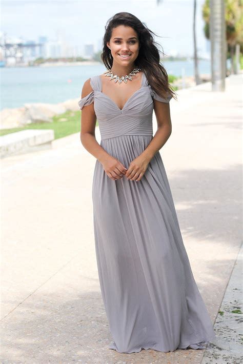 Gray Off Shoulder Maxi Dress Bridesmaid Dresses Saved By The Dress