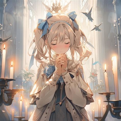 Premium Photo Anime Girl In A Blue Dress Praying In A Church