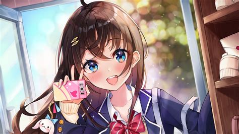 Blue Eyes Anime Girl Pink Phone Blue School Uniform Hd Anime Girl