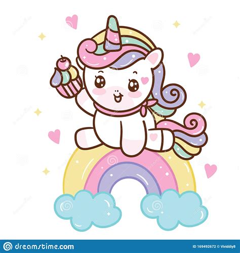 Cute Unicorn Doodle Pony Child Cartoon With Cloud Swing Fairytale