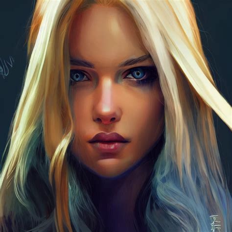 blonde woman tanned very long blonde hair icy blue midjourney openart