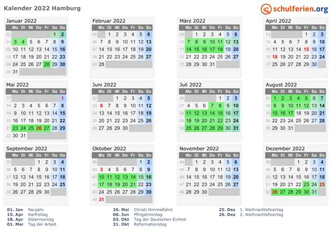 Kalender 2022 Ferien Hamburg Feiertage