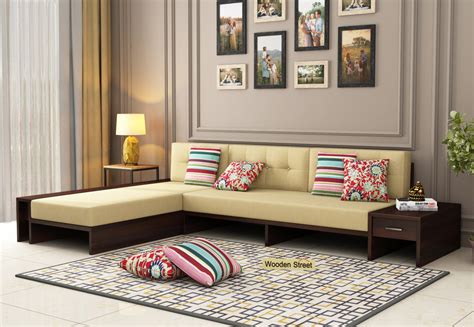 Buy Cortez L Shaped Wooden Sofa With Side Storage Drawer Walnut Finish