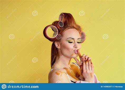 Young Redhead Woman With Shugaring Paste On Her Hands Face Body And