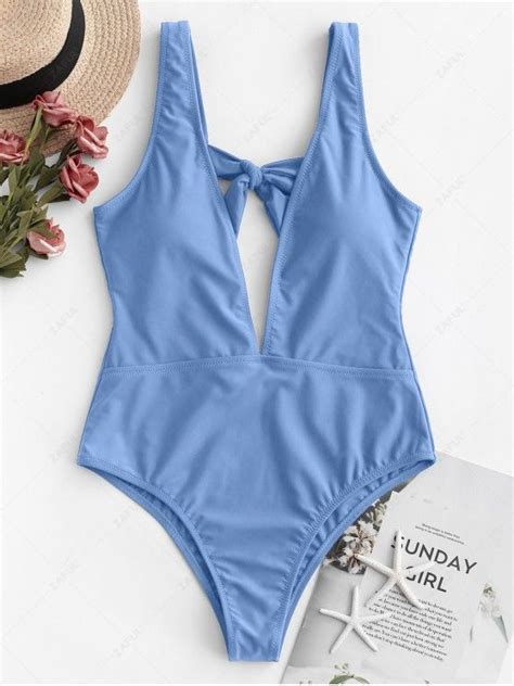 41 Off 2020 Zaful Plunge Knot Low Back One Piece Swimsuit In Day Sky
