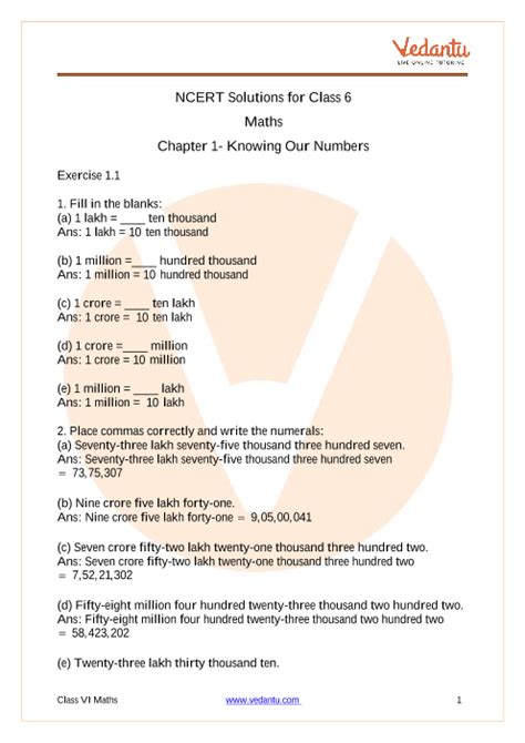 Ncert Solutions For Class 6 Maths Chapter 1 Knowing Our Numbers Free Pdf