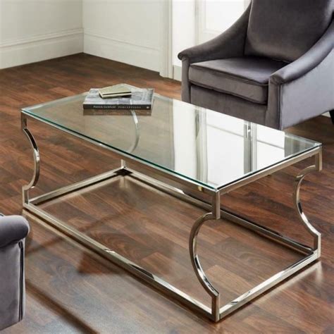 Modern Silver Stainless Steel Metal Clear Glass Top Coffee Table With