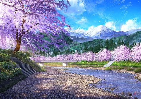 Hd Wallpaper Anime Original Cherry Blossom River Wallpaper Flare