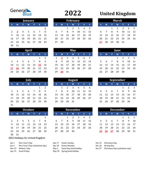 2022 United Kingdom Calendar With Holidays