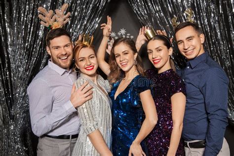 Happy Friends Posing At Christmas Party Stock Photo Image Of