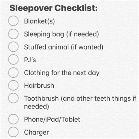 Sleepover Checklist Sleepover Checklist Sleepover Essentials Sleepover Bag