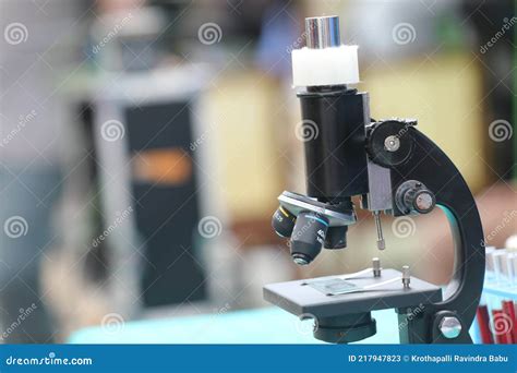 Black Microscope At Science Lab Stock Image Image Of Hand Labblack