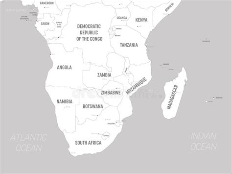Southern Africa Map White Lands And Grey Water High Detailed