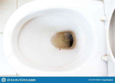 Dirty Unhygienic Toilet Bowl With Limescale Stain At Public Restroom