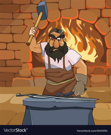 Cartoon Male Blacksmith Forges A Sword In Smithy Vector Image