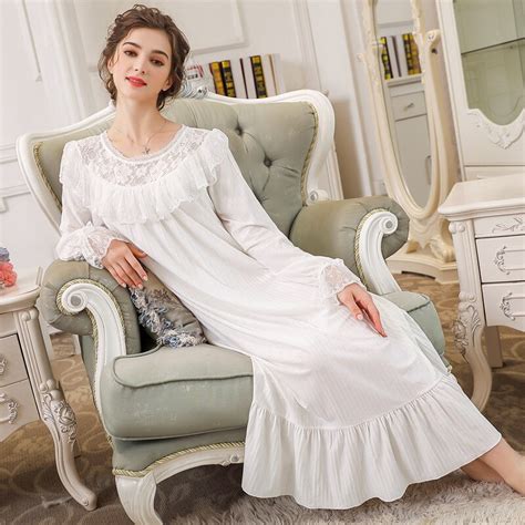 Cotton Vintage Long Sleeve Nightgown Spring Women Sweet Princess Home Wear Dress Female Lace