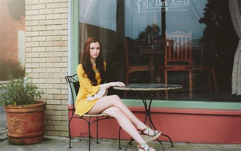 Wallpaper Brunette Red Sitting Bricks Table Fashion Yellow Dress Cafes Spring Legs