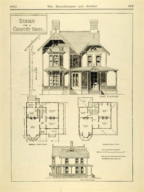 1873 Print Victorian Country House Architecture Blueprints Floor Plans