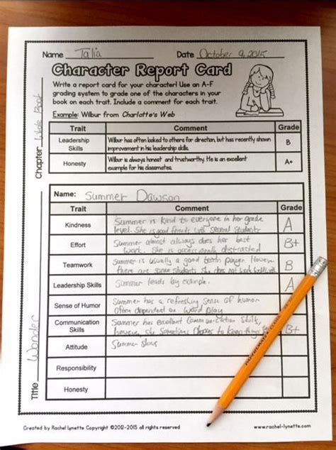 This Character Report Card Is One Of 26 Reading Response Printables