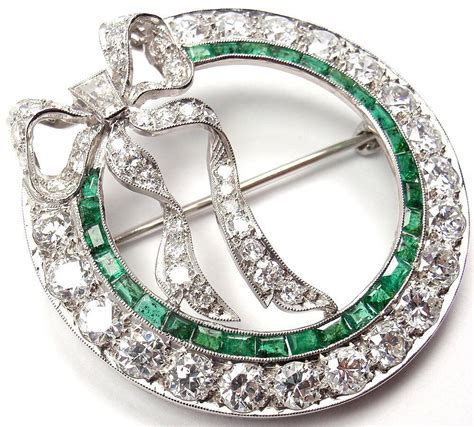 Tiffany And Co Art Deco Diamond And Emerald Bow Platinum Pin Brooch From