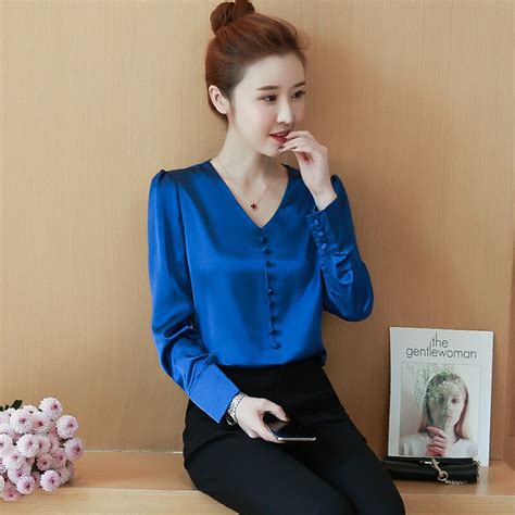 Spring Long Sleeve V Neck Satin Blouses Women Office Work Satin