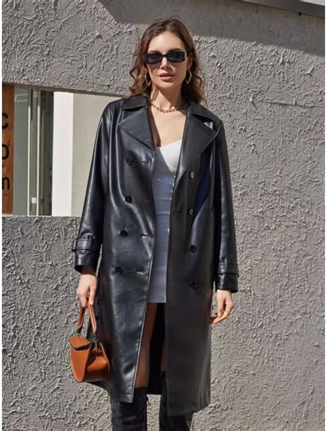buy ziai double breasted belted pu leather trench coat online topofstyle