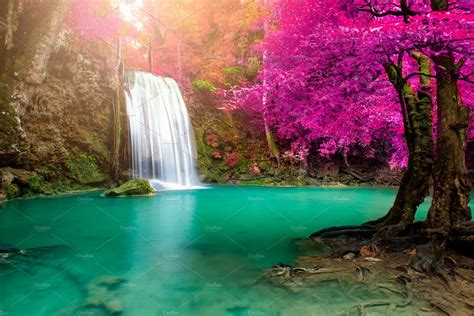 Waterfall In Colorful Autumn Forest High Quality Nature Stock Photos ~ Creative Market