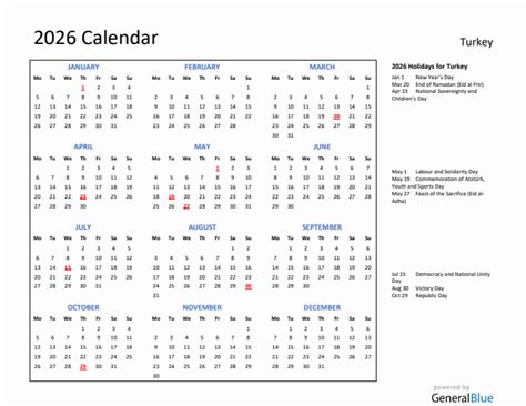 2026 Calendar With Holidays For Turkey