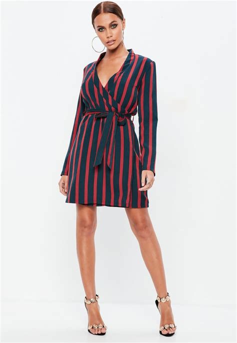 Missguided Contrast Stripe Tie Waist Shift Dress Emily Ratajkowski Pinstripe Blazer Dress Lpa