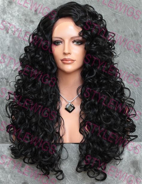 Jet Black Long Full Spiral Curls Heat Ok Lace Front Human Hair Blend